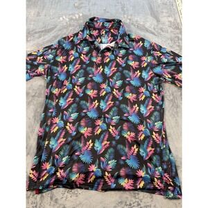 Men's XL Performance Polo Shirt Tropical Palm Leaf Black Multi-Color Anti-UV